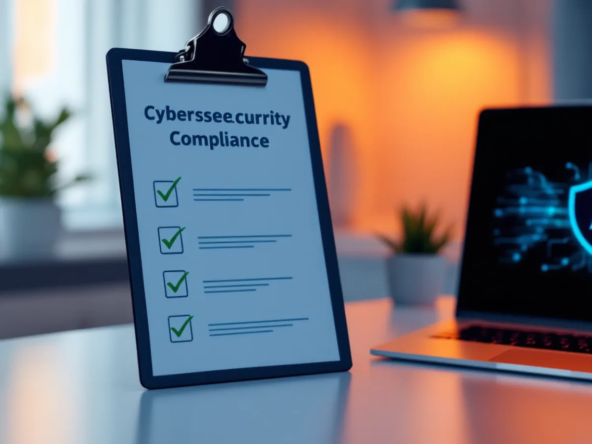 Cybersecurity compliance checklist with checkmarks beside a digital shield, representing the SB 2610 SMB checklist