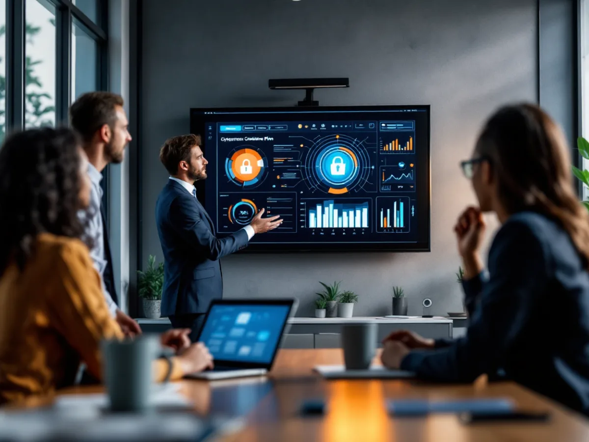 IT consultant helping a Texas small business team review a cybersecurity compliance plan on screen