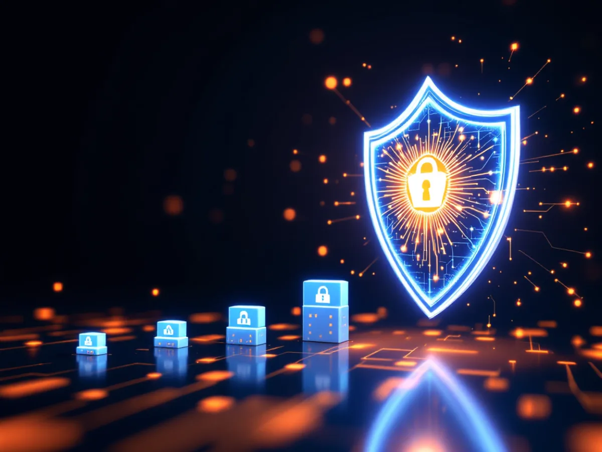 Digital shield protecting businesses of increasing size, illustrating Texas SB 2610 safe harbor tiers