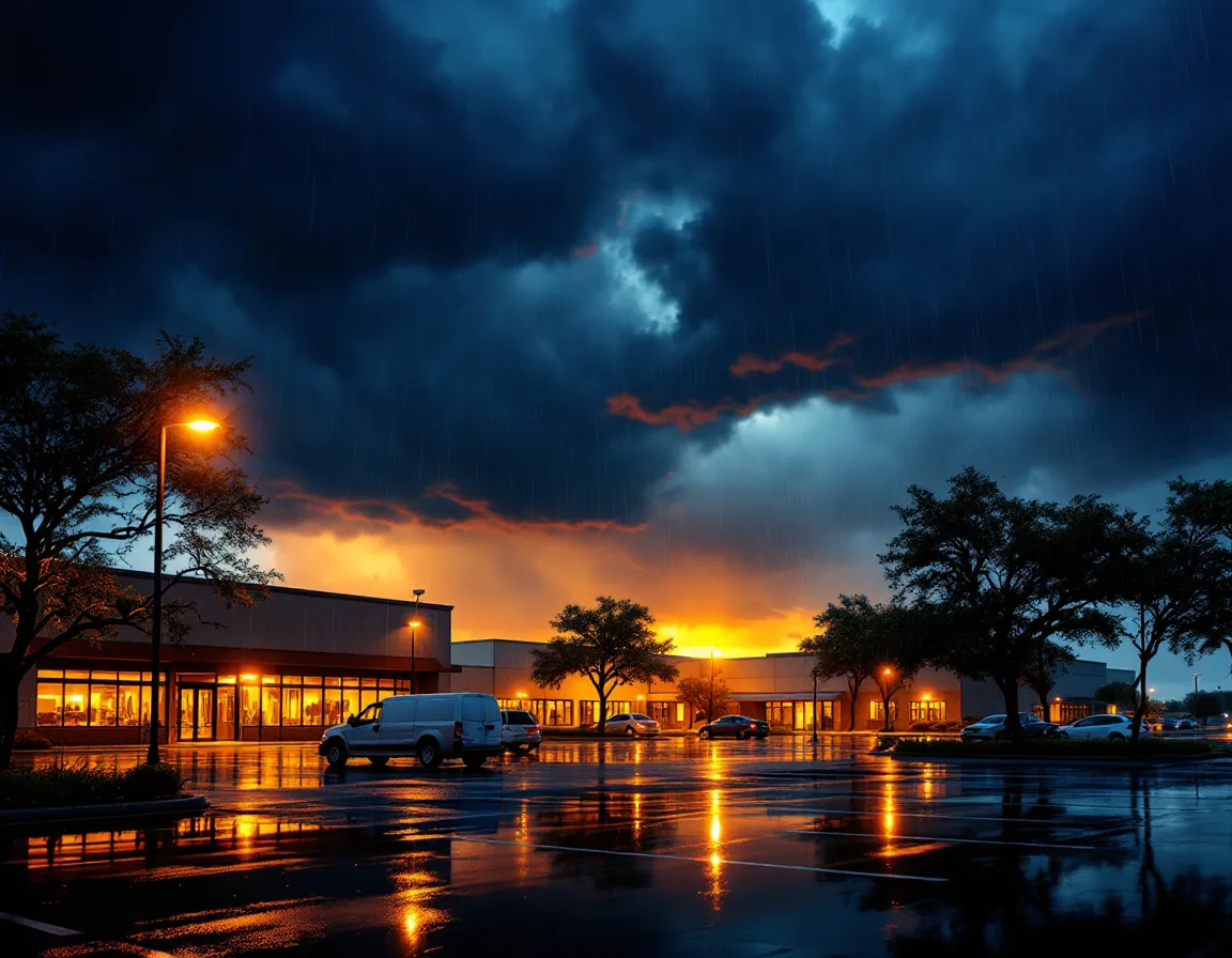 Severe storm moving over a Texas business park with heavy rain and standing water, illustrating regional disaster recovery risk