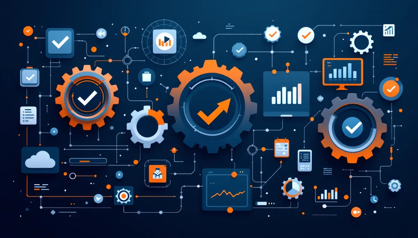 Total quality IT management with a continuous improvement cycle gears checkmarks and performance metrics