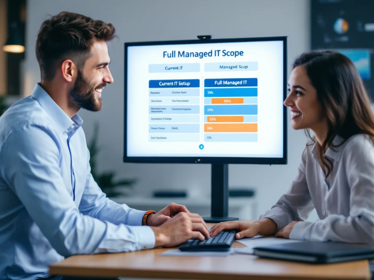Uprite Services team comparing a client's current IT plan against a full managed IT scope on screen