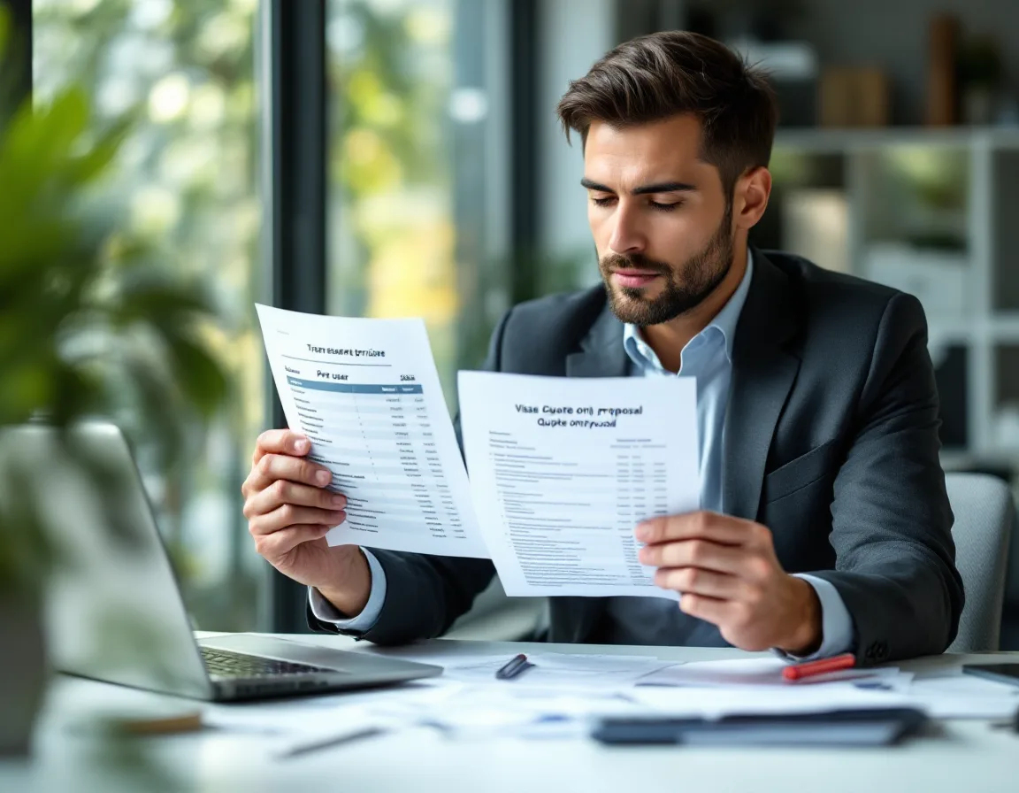 Business manager comparing transparent per-user IT pricing against a quote-only proposal
