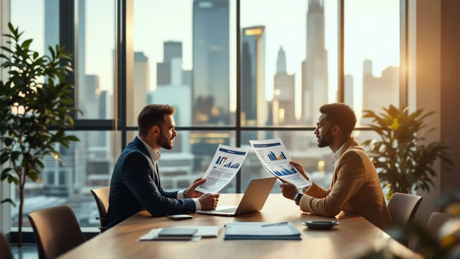 Two Dallas business leaders comparing printed managed IT proposals side by side at a conference table with the downtown skyline behind them