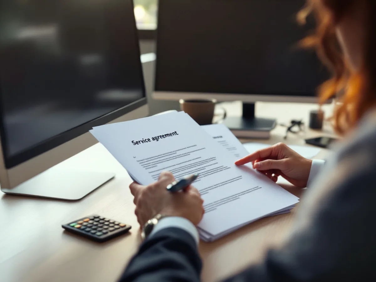 Two colleagues at a desk comparing printed managed IT service agreements line by line with a calculator nearby