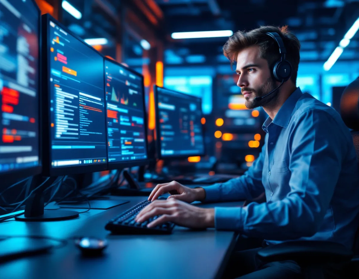 IT support technician responding quickly to a system alert at a staffed help desk