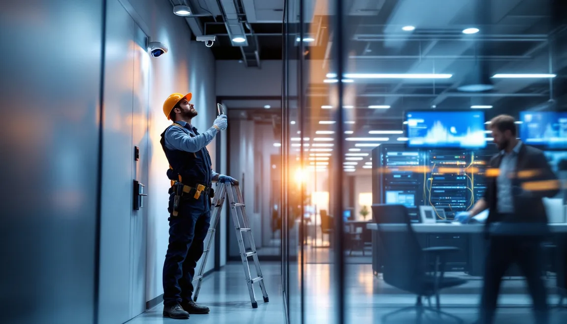 Low voltage technician installing a badge reader while an IT engineer works on a network rack behind glass