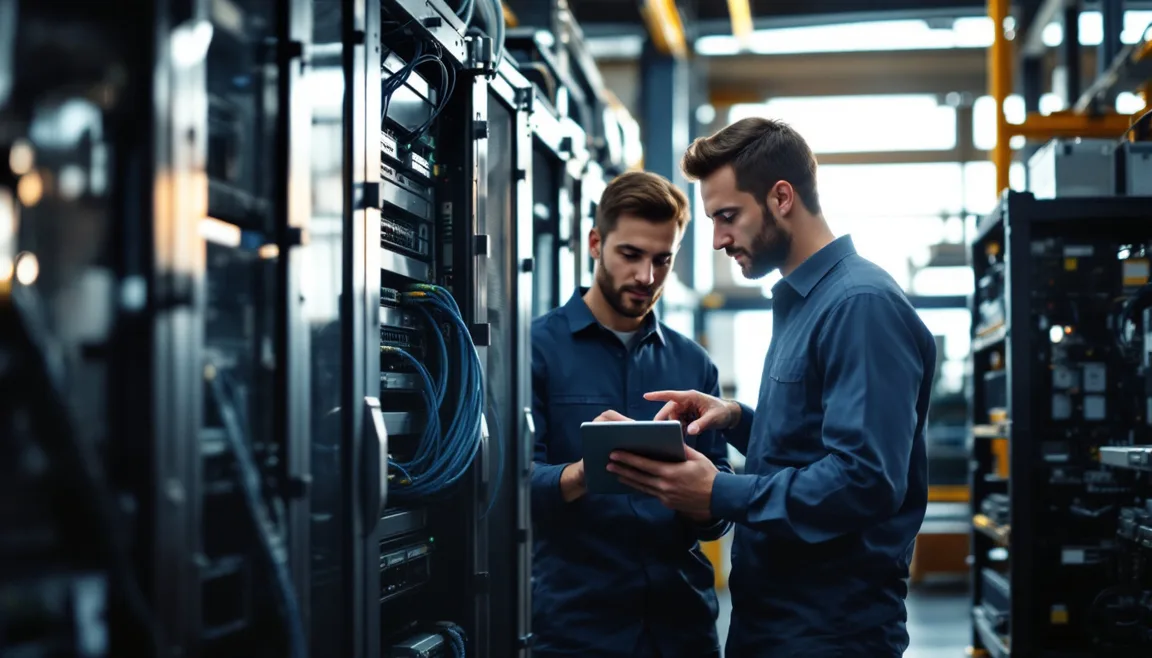 IT engineers reviewing network rack security controls inside a San Antonio aerospace and defense supplier facility
