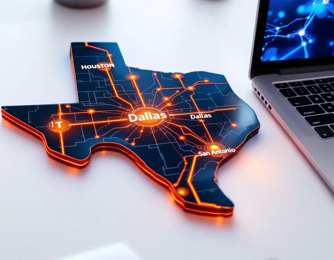 Map of Texas showing Uprite managed IT coverage across Houston, Dallas, and San Antonio