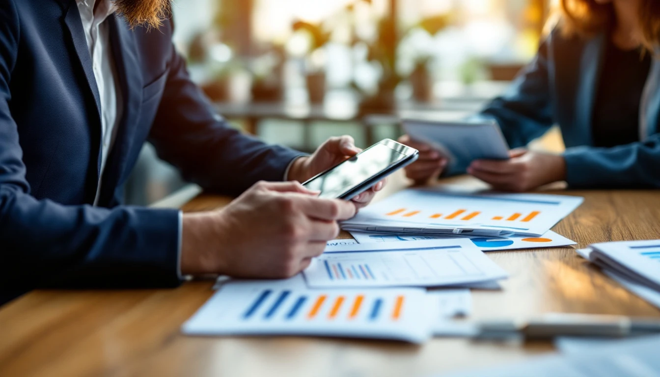 Two business professionals reviewing managed VoIP costs and budget on a tablet at a conference table