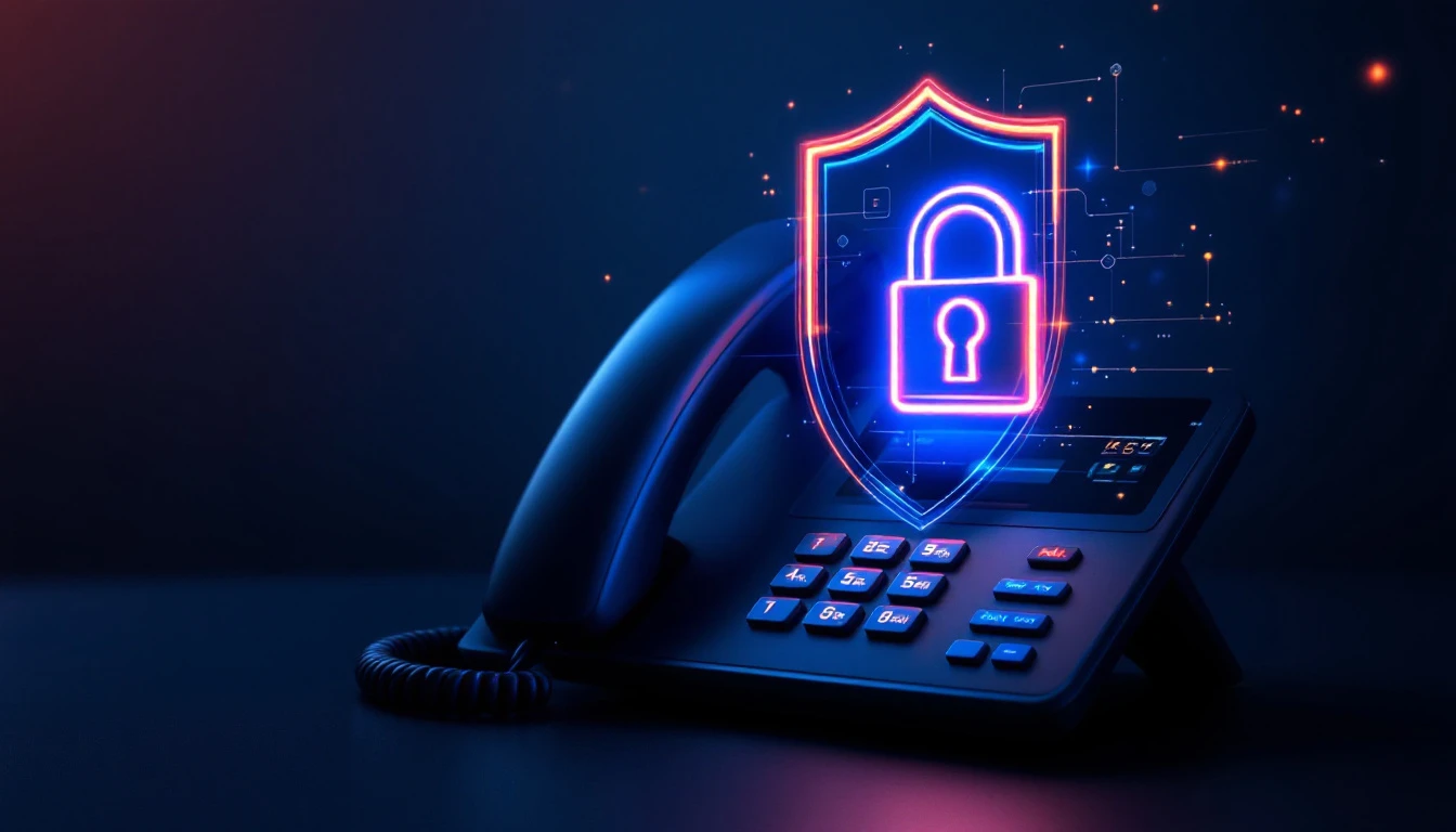 IP desk phone protected by a glowing shield and padlock representing VoIP security