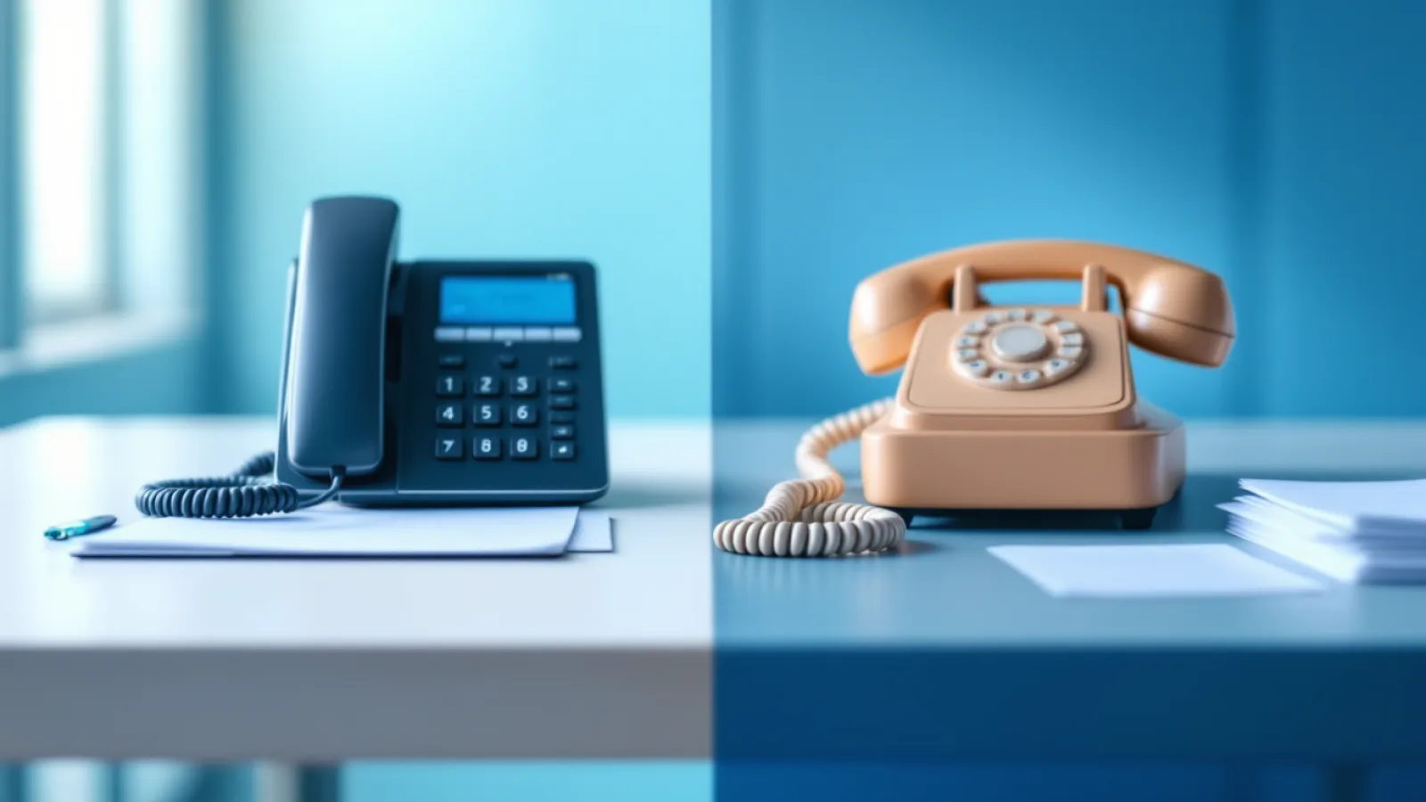 A modern VoIP IP desk phone beside an old copper landline telephone, illustrating the choice between VoIP and traditional phone systems for a small business