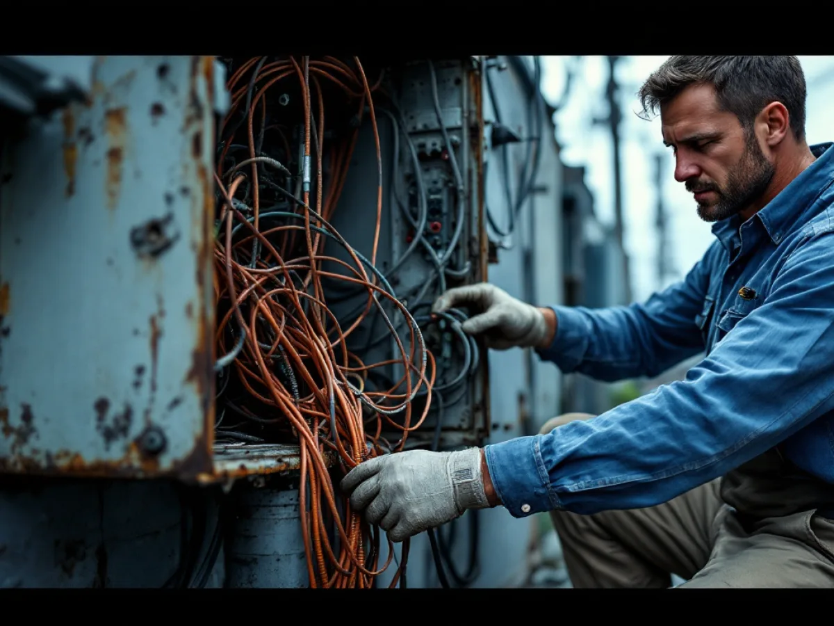 A telecom technician disconnecting aging copper telephone cables being retired, with fiber optic lines replacing the legacy landline network