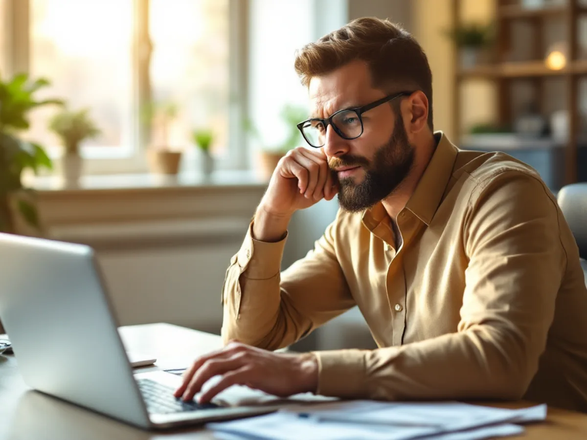 A small business owner reviewing rising phone bills and a budget on a laptop while comparing VoIP and traditional landline costs