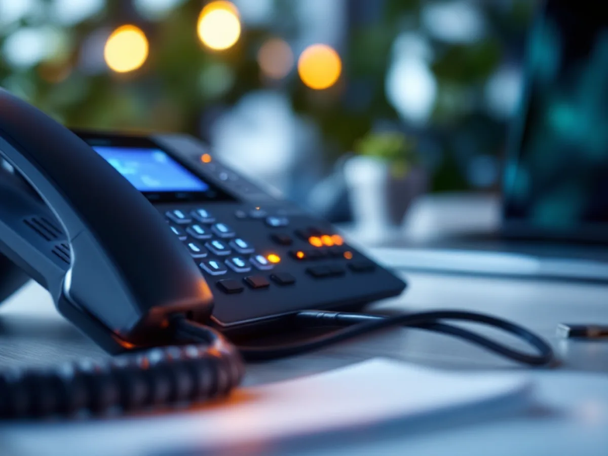 A VoIP IP desk phone plugged into an office ethernet network switch, showing how VoIP runs over an internet connection instead of copper lines