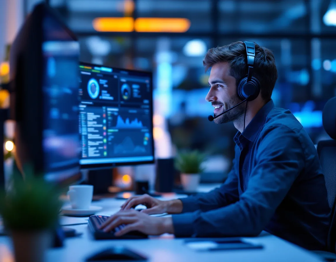 Managed IT support technician wearing a headset at a desk with dual monitors showing network monitoring dashboards while providing remote help desk support for a small business