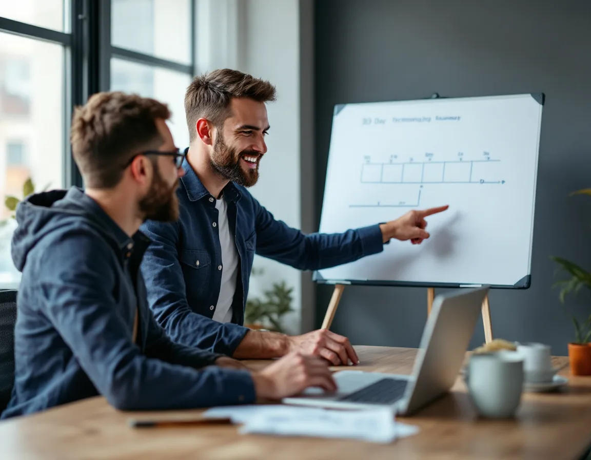 IT consultant and a small business owner reviewing a 90 day technology onboarding roadmap together on a laptop and whiteboard during an MSP planning session