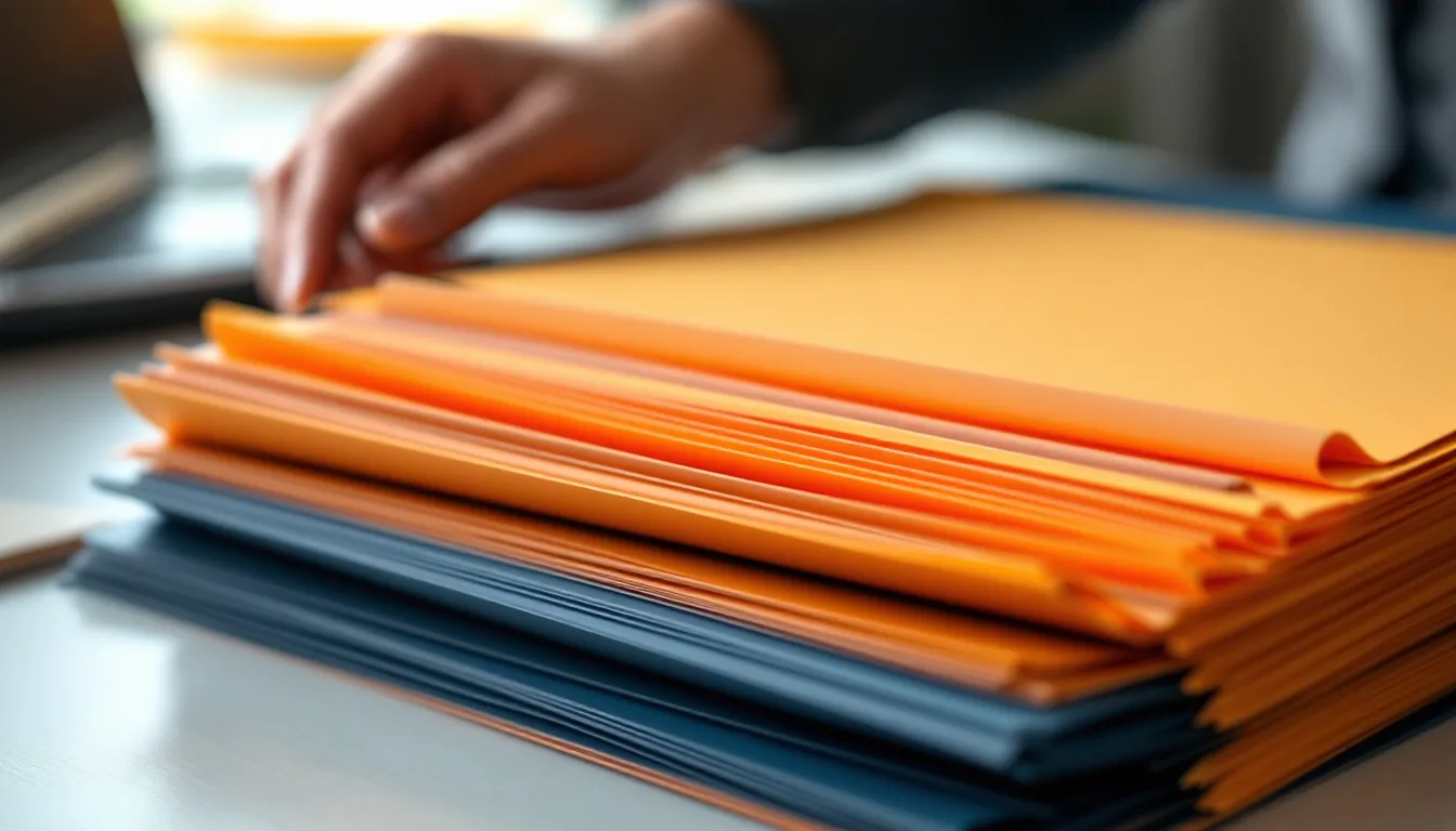 Hands sorting orange and navy file folders into separate stacks to illustrate AI data classification tiers