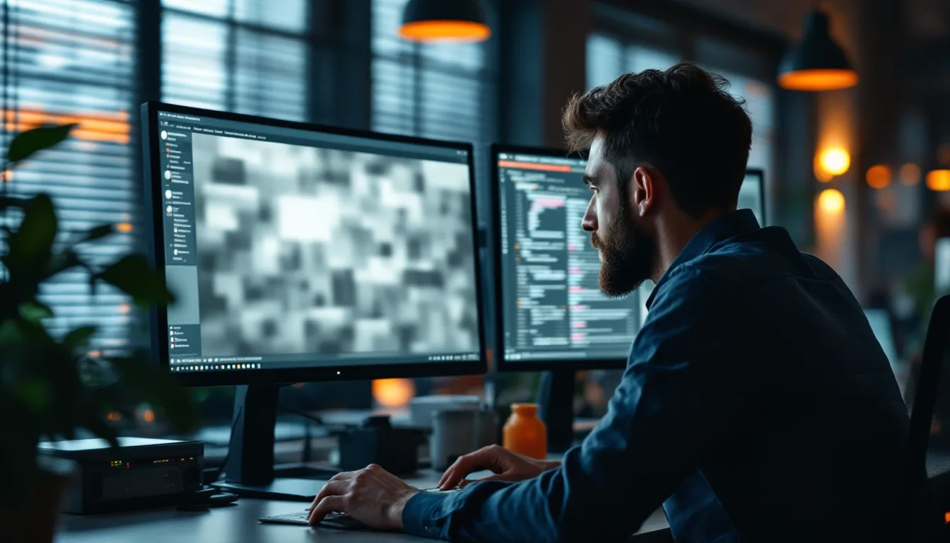 Employee working at a dual monitor desk with an AI chat tool open next to a company spreadsheet