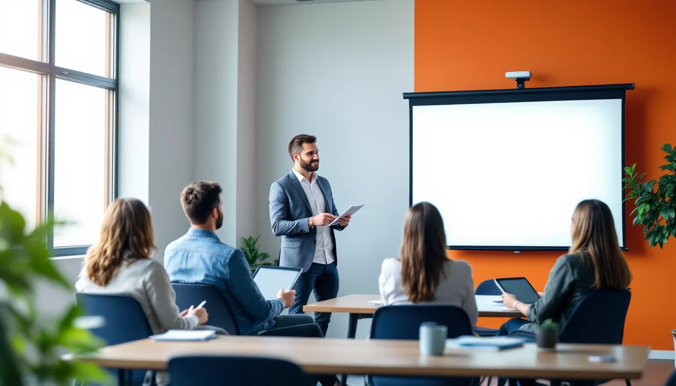 Manager leading an AI acceptable use policy training session for staff in a company meeting room