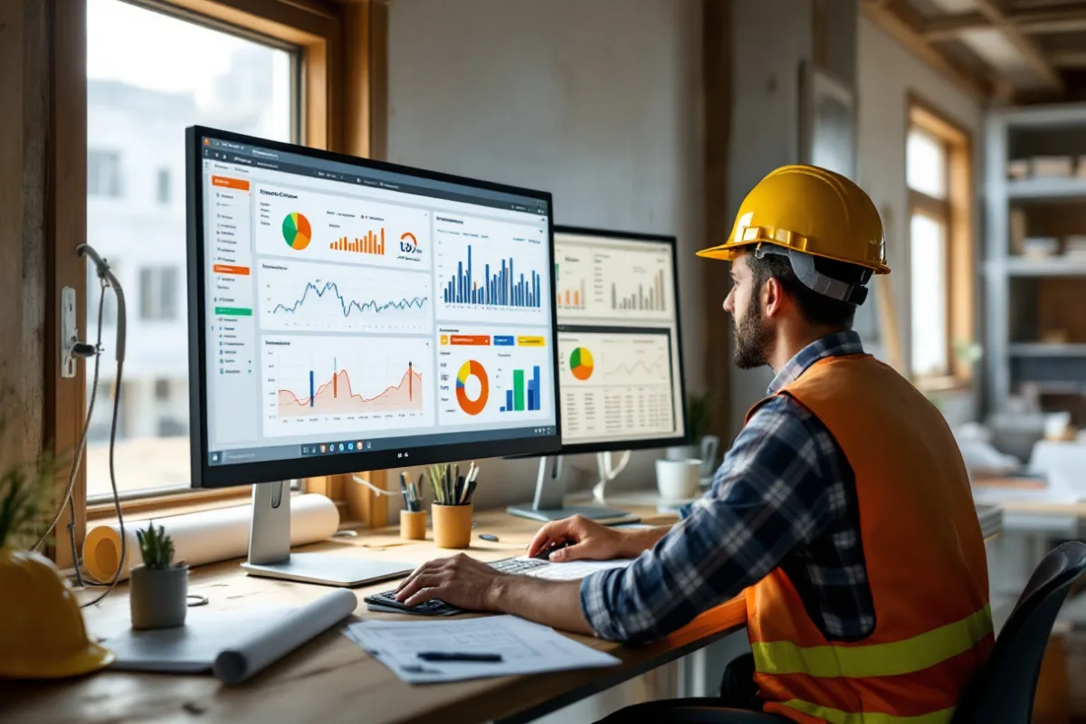 Construction estimator and project executive reviewing takeoff and job costing dashboards on monitors inside a jobsite office trailer