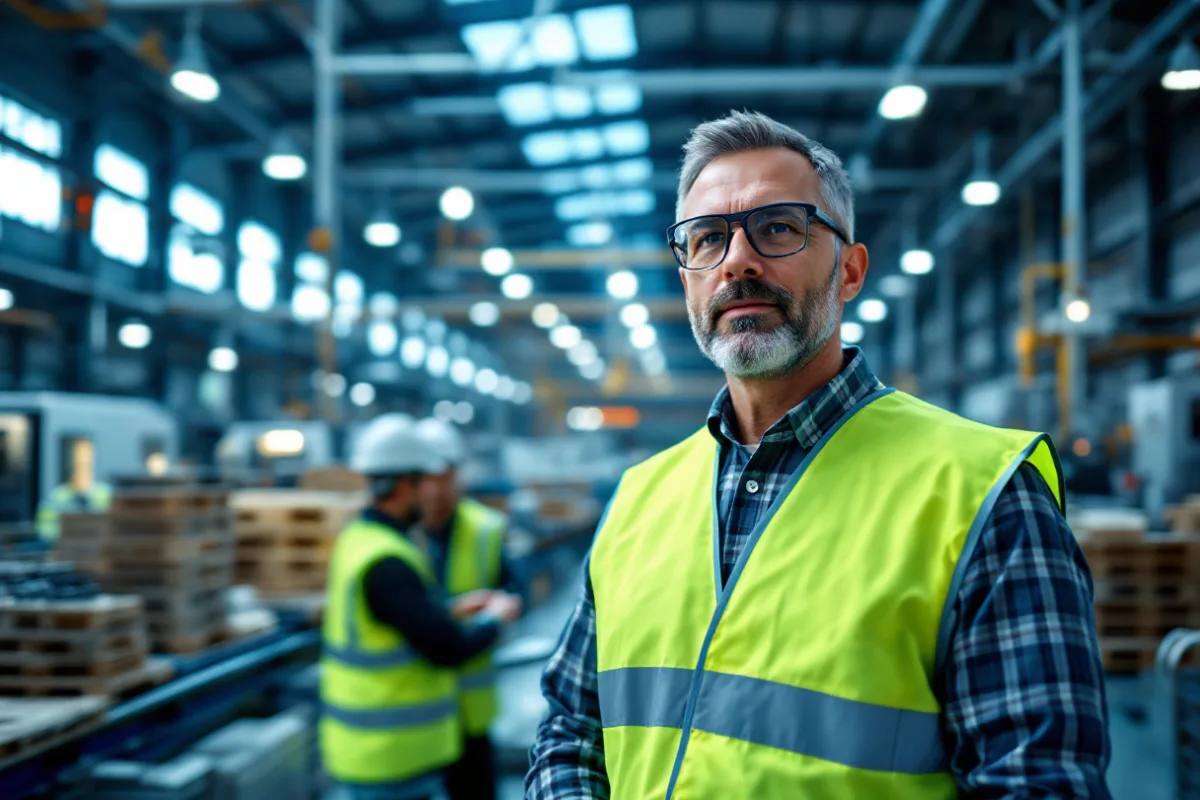 Manufacturing operations manager at a shop floor workstation terminal beside a modern production line