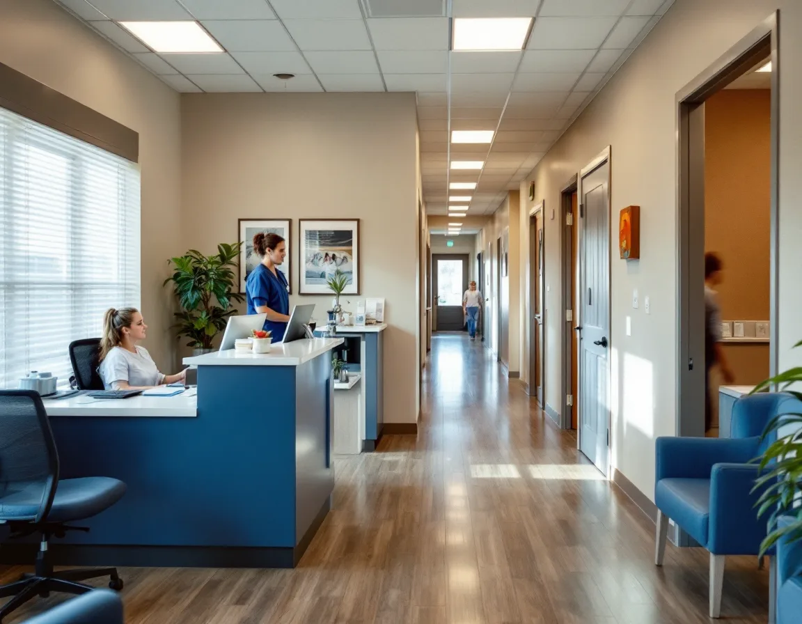 Interior of a small independent Texas medical practice with reception staff and a corridor of exam rooms