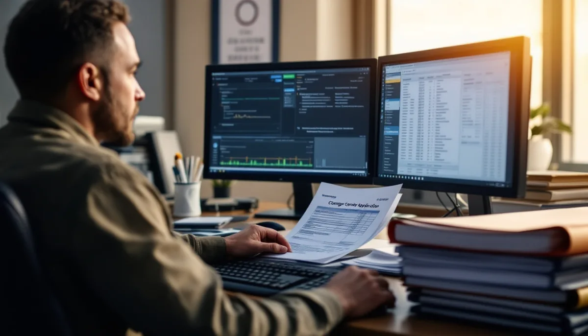 Construction company controller reviewing job cost reports and a pay application on a dual monitor desk