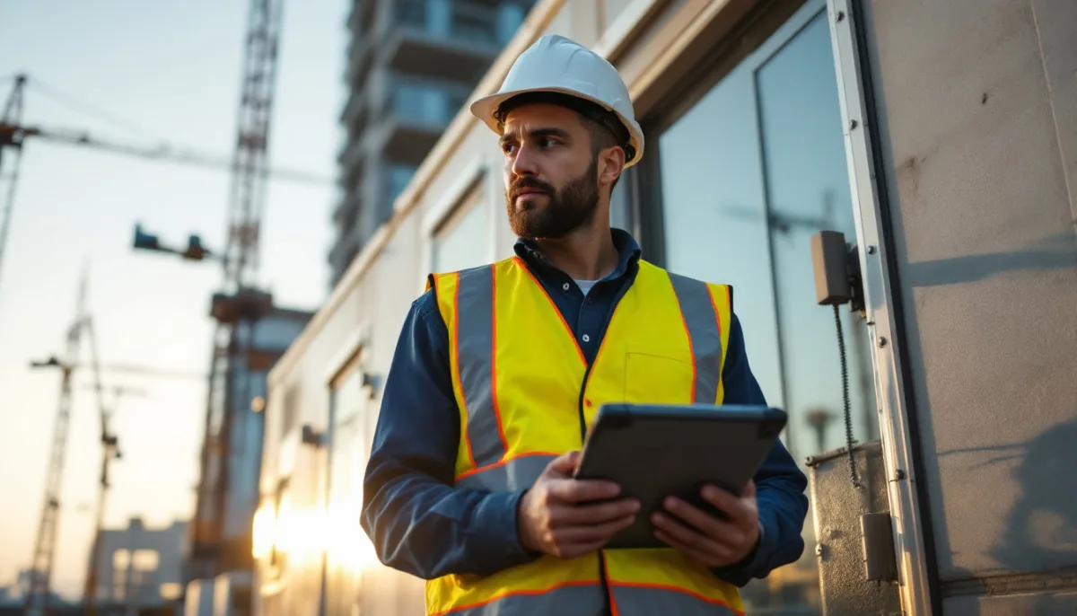 Construction superintendent with a rugged tablet outside a job site office trailer on a San Antonio commercial build