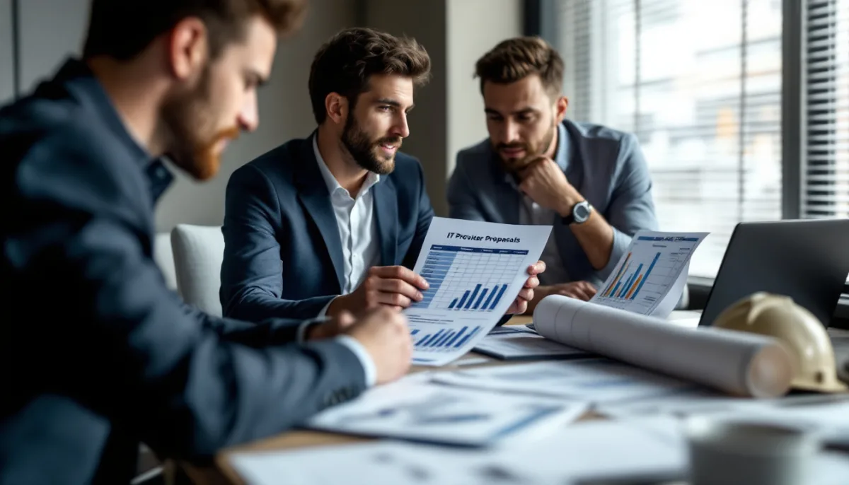 Construction controller and project manager comparing IT provider proposals against a weighted scoring model