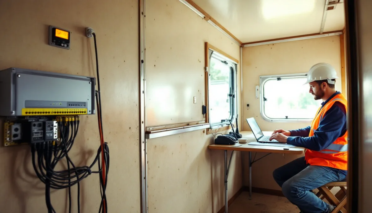 Network cabinet with cellular failover modem inside a construction job site office trailer beside a field engineer