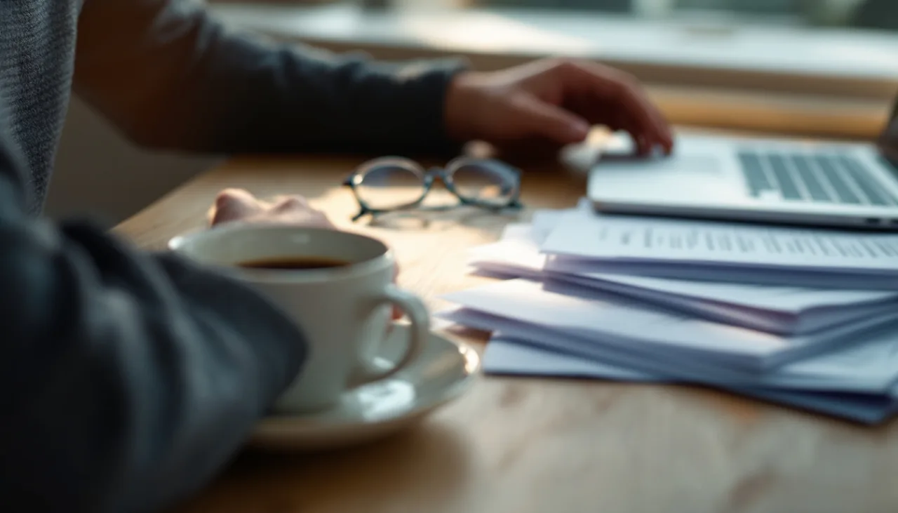 Houston small business owner reviewing stacked IT service proposals on a desk beside a laptop and coffee cup