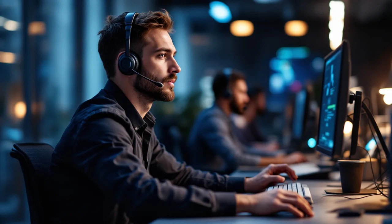 Help desk technician wearing a headset supporting a Houston small business client from a dual monitor workstation
