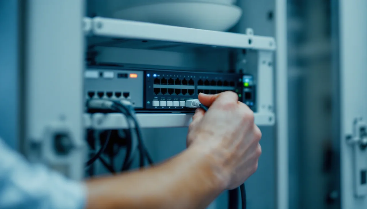 Technician seating a patch cable in a wall mounted network switch inside a Houston small business utility closet