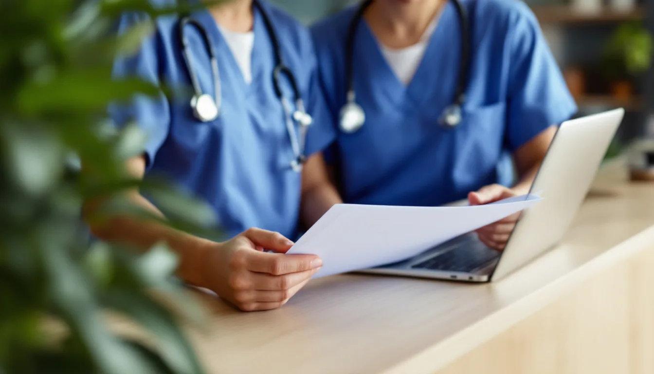 Clinic staff and an administrator reviewing HIPAA compliance documentation at a medical practice front desk