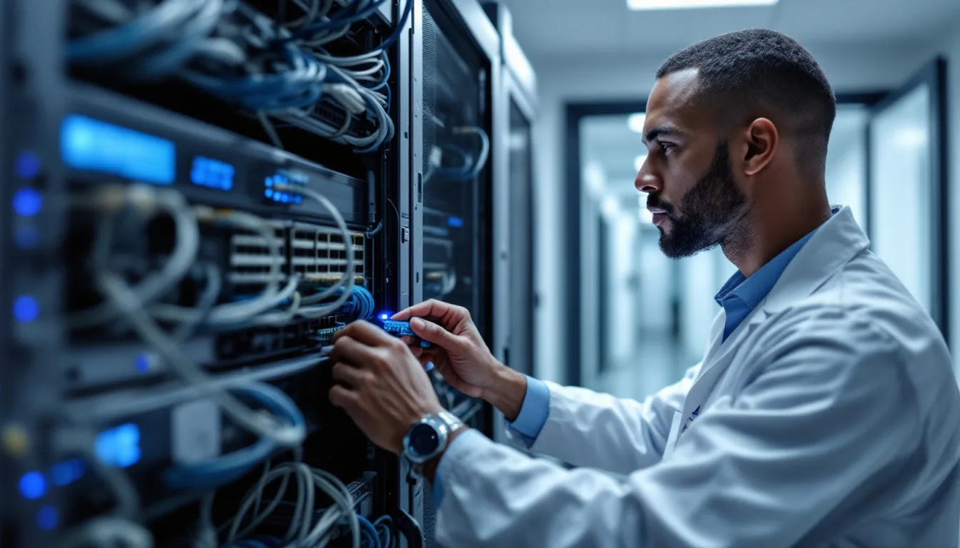 IT technician working on a network rack and firewall appliance in a Katy medical office server closet