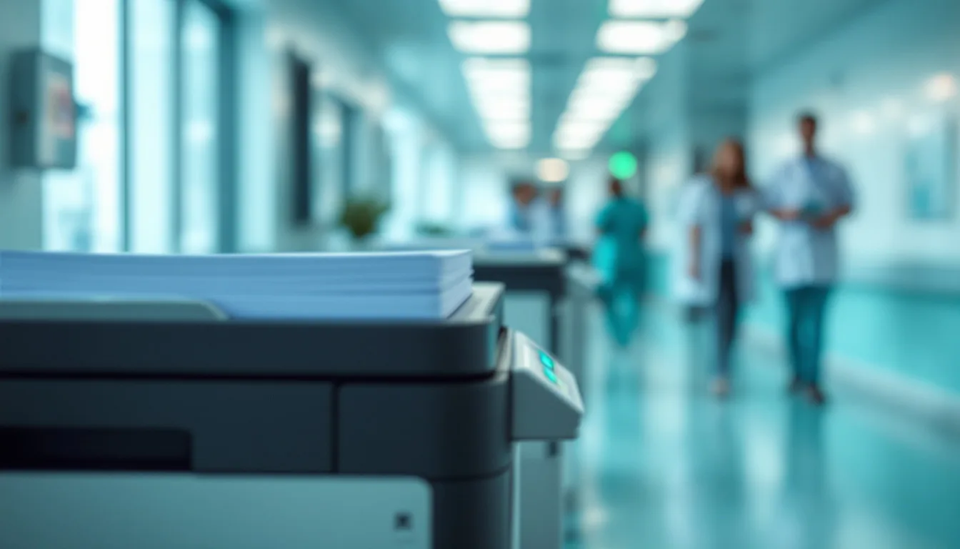 Multifunction printer with card reader authentication in a medical clinic corridor, a common HIPAA print exposure point