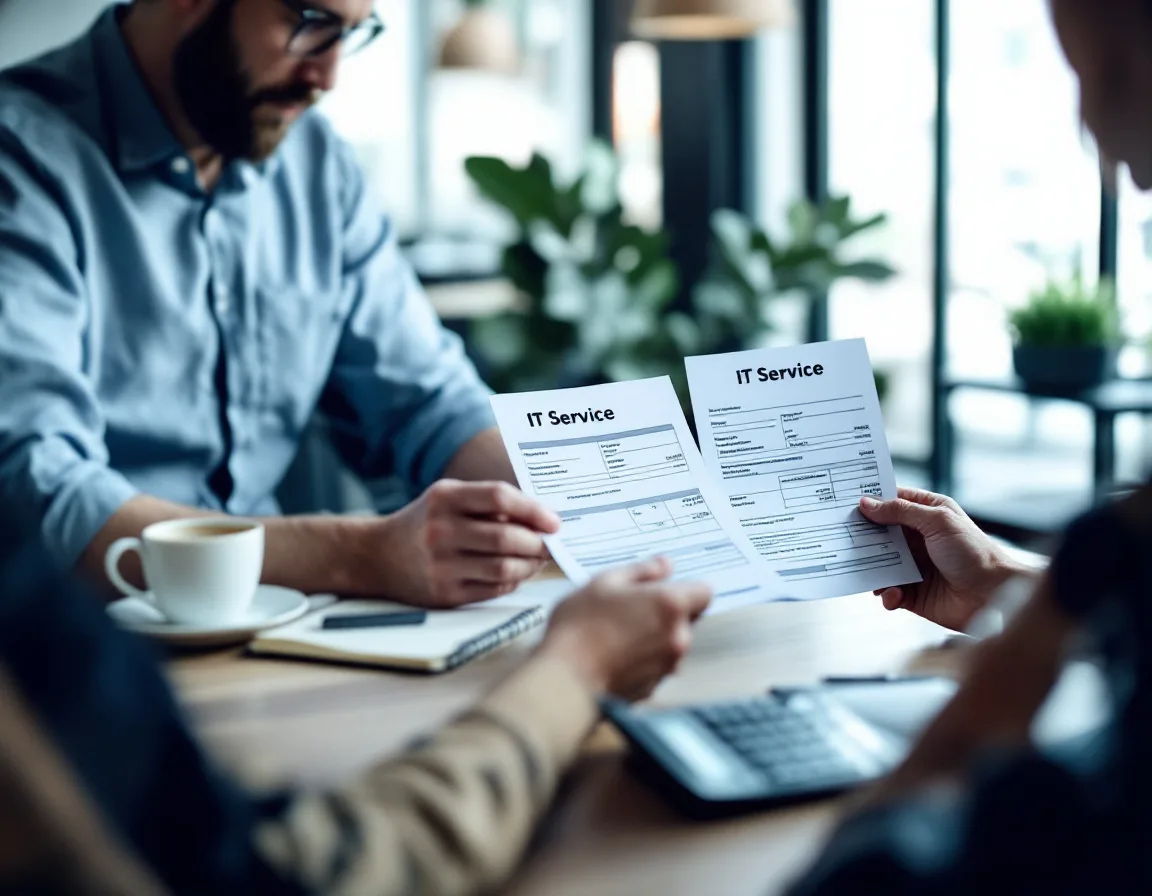 Business owner at a conference table comparing two printed MSP quotes with a calculator, working out the per-user cost difference