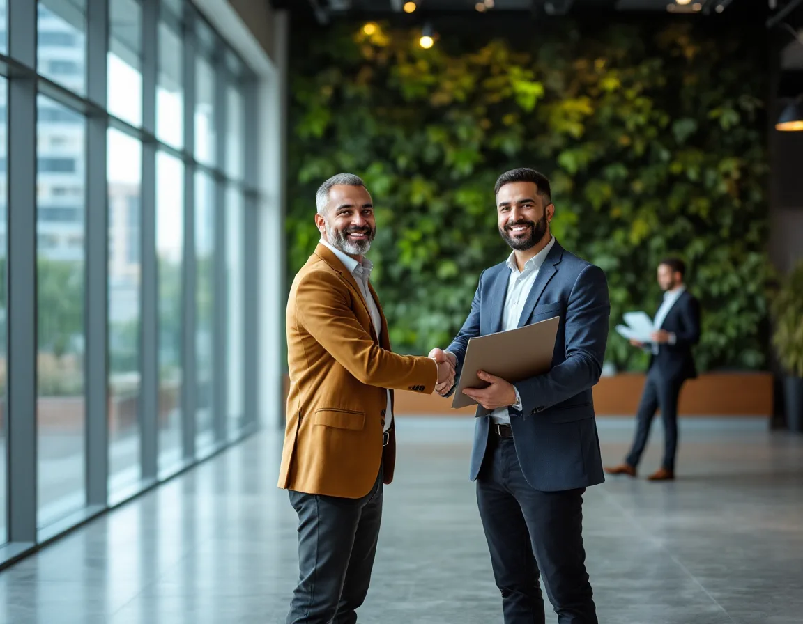 Two Houston business leaders shaking hands in an office lobby after selecting a managed IT services provider