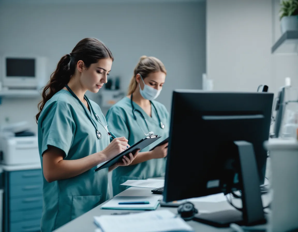 Two clinical staff in scrubs completing paper downtime encounter forms at a nurses station beside a dark monitor