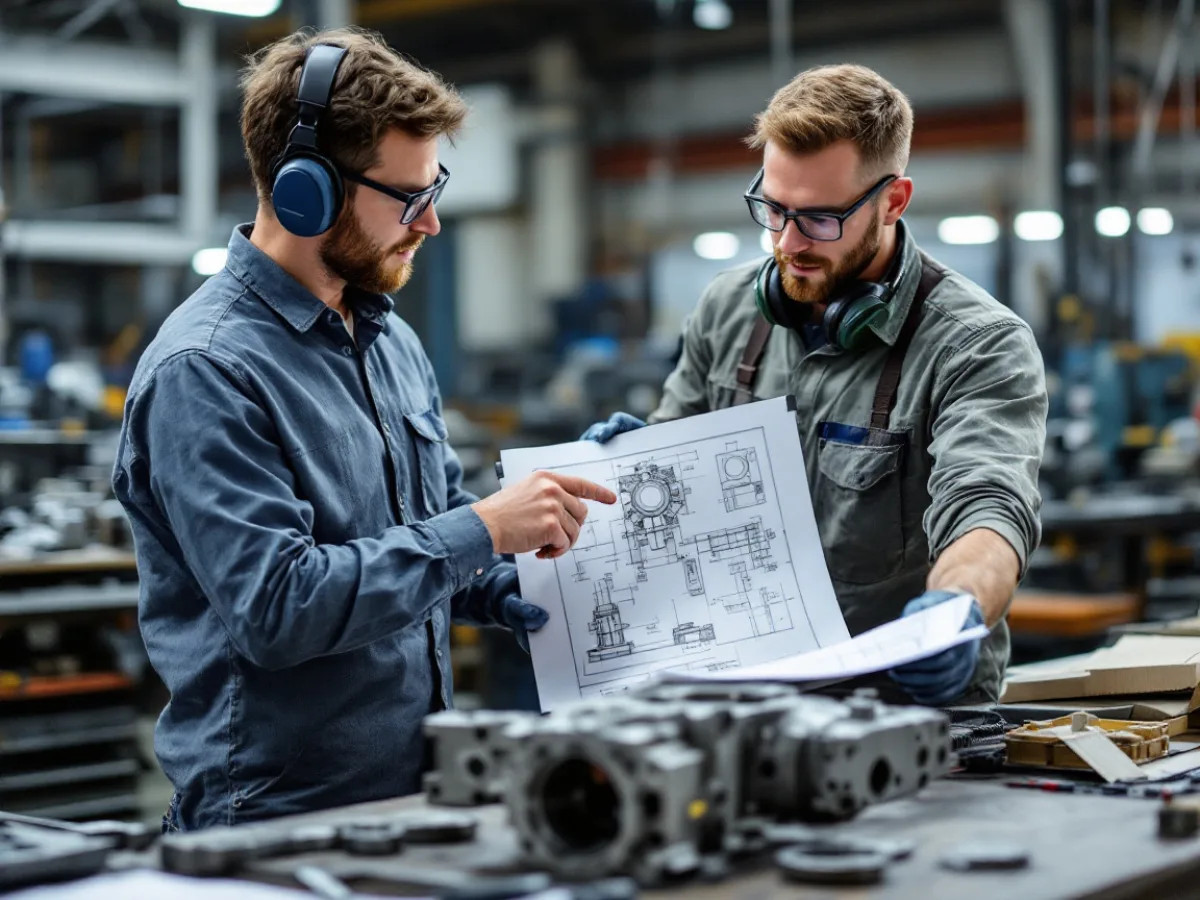 Machinist and quality engineer reviewing controlled technical drawings on a Houston defense manufacturing floor