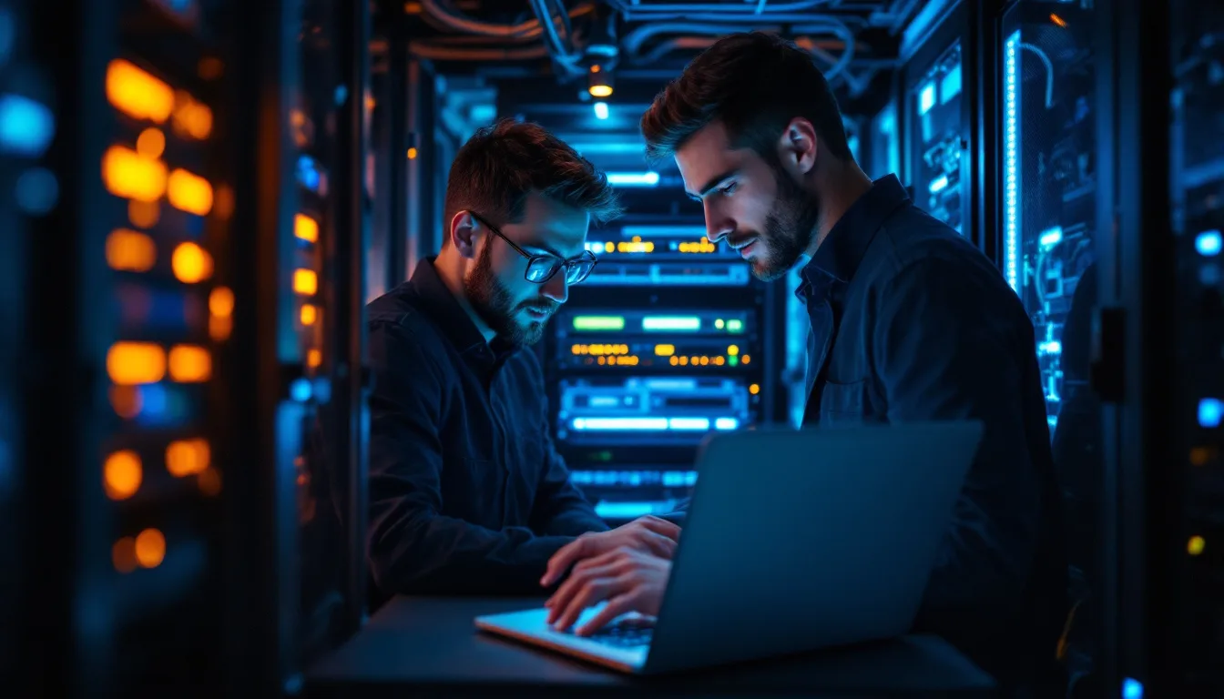 Two IT engineers configuring network switches in a server rack while building a CMMC Level 2 enclave