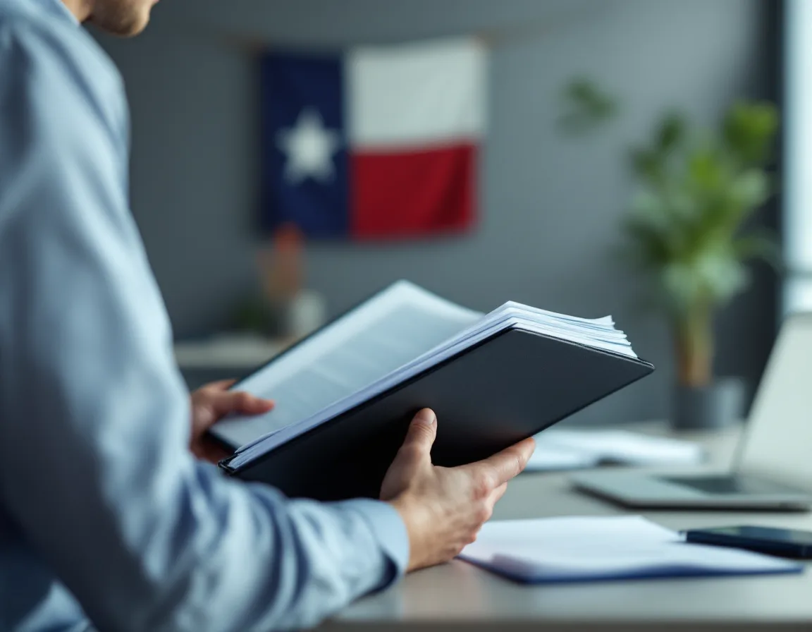 A compliance officer turning through a binder of security documentation with a Texas state flag on the wall behind, tied to Texas breach notification deadlines