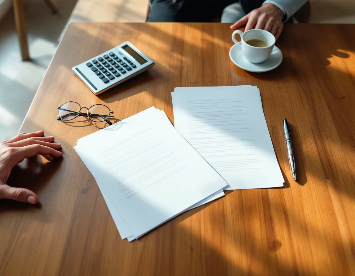 Two stacks of printed proposals with a calculator, pen and reading glasses on a boardroom table, comparing co-managed IT cost against hiring another technician