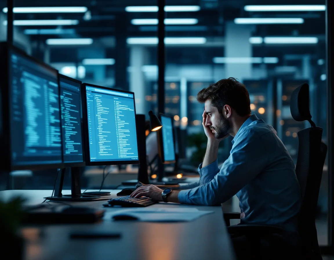 A lone internal IT administrator working late on a long ticket queue in an empty office, the breaking point where co-managed IT support starts to make sense