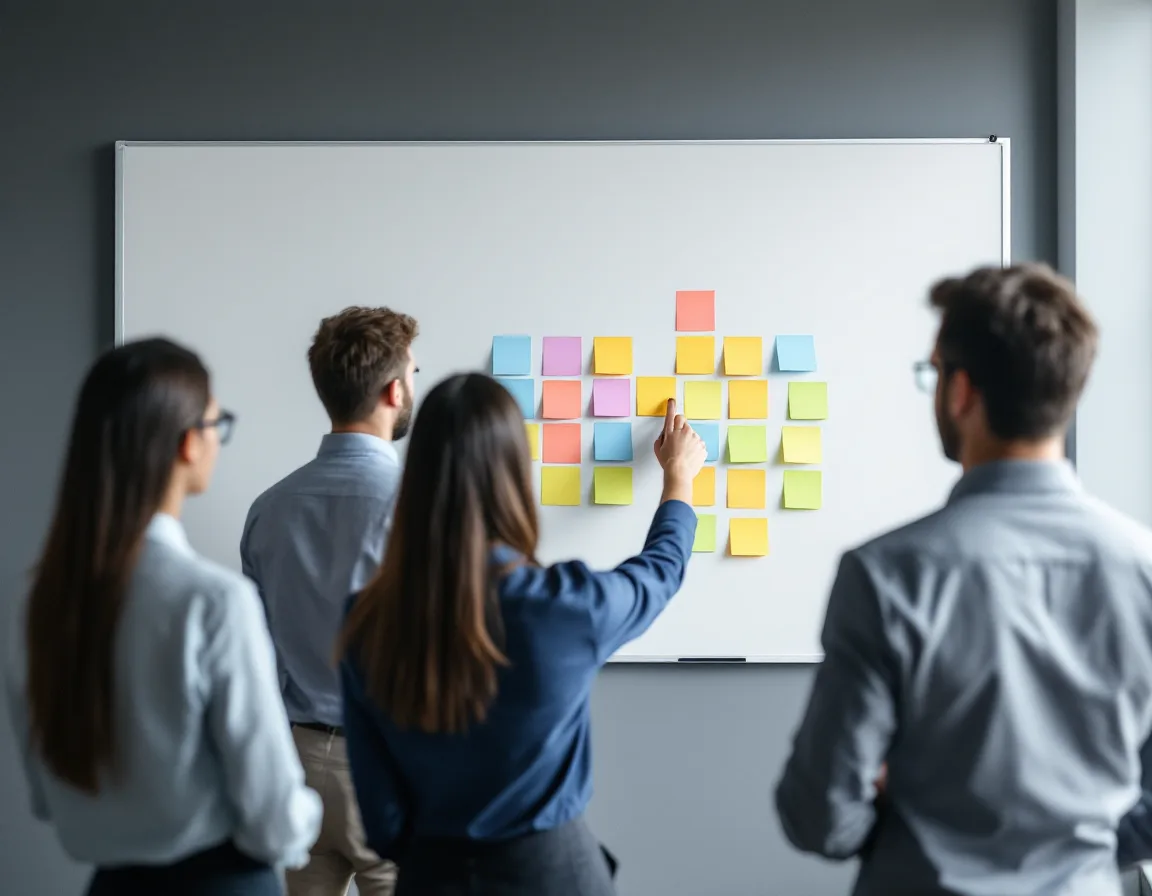 Internal IT staff and managed service provider engineers standing at a whiteboard arranging sticky notes into a shared responsibility grid
