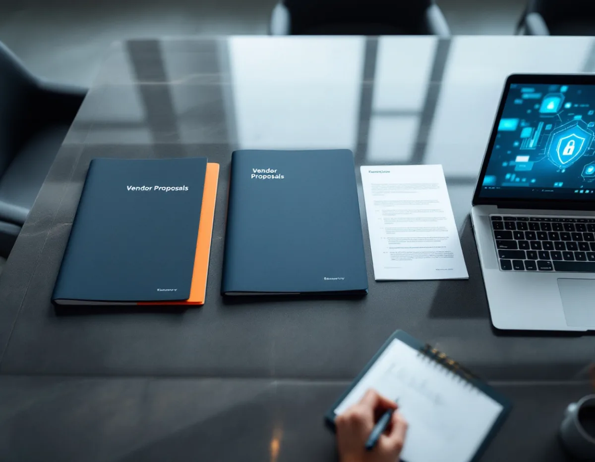Three cybersecurity vendor proposals laid side by side on a conference table for comparison