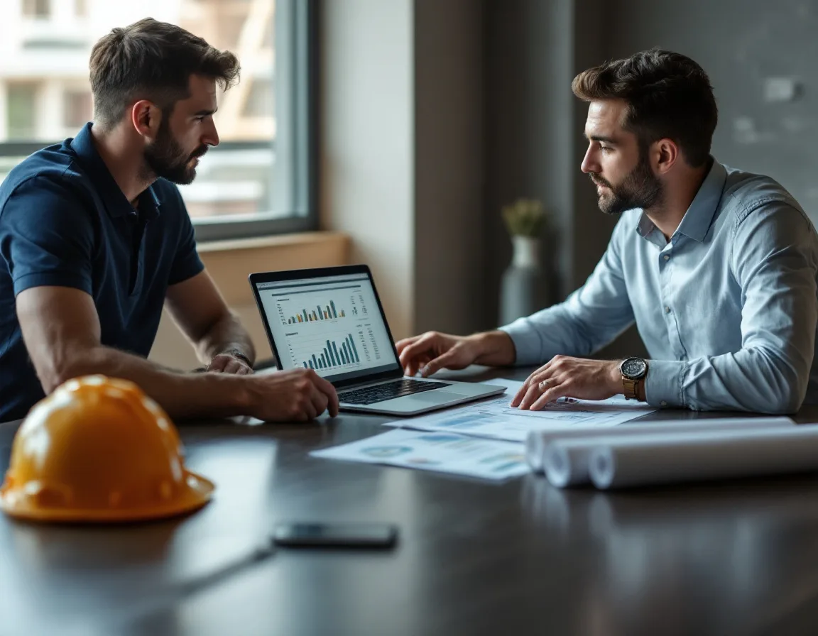 Construction company controller and an IT advisor reviewing an annual technology budget on a laptop in a conference room