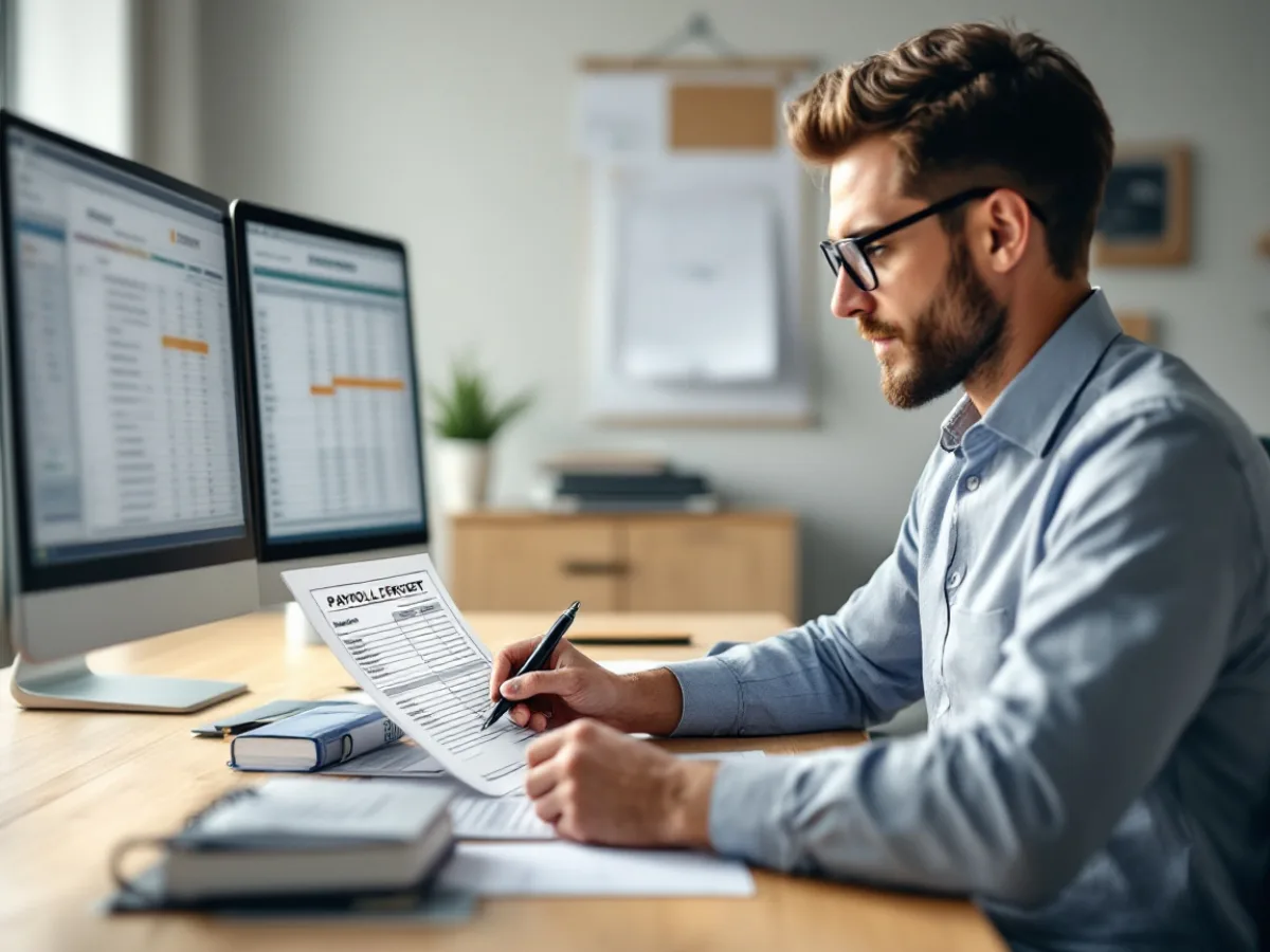 Construction payroll administrator reviewing a printed weekly certified payroll report beside an accounting ledger on screen