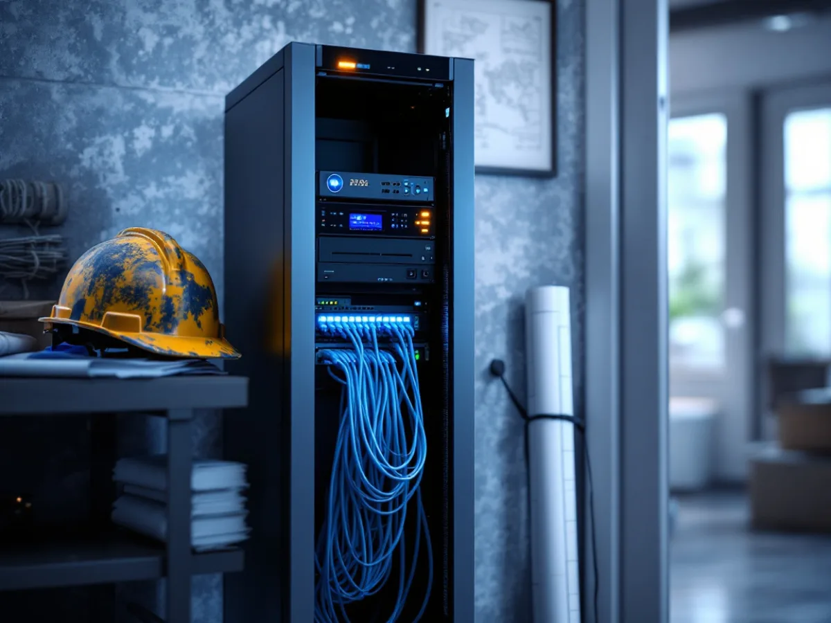 On-premise server rack, firewall and patch panel in a construction company utility room with a hard hat on the shelf